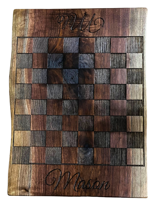 1" x 13-15" x 18" black walnut live edge engraved chess board